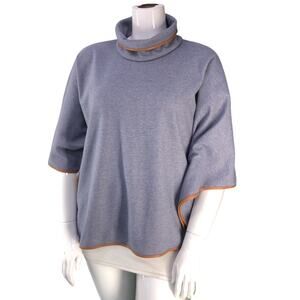 Tuckernuck Womens Size OS Poncho Piper Top Turtle Neck Blue Brown Leather Trim